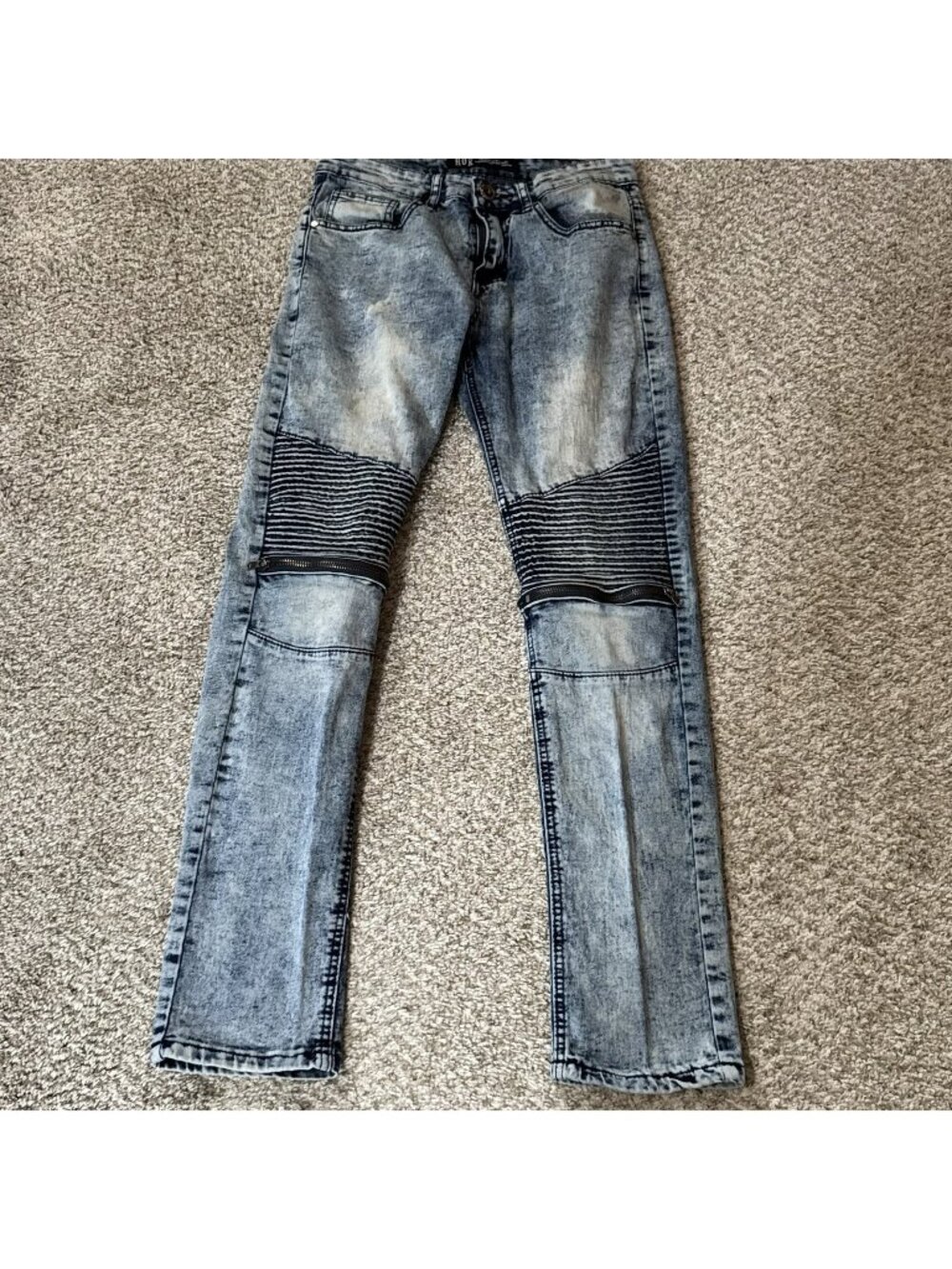 ROK Men's W29 L32 Acid Wash Moto Biker Jeans Slim Fit Stretch Denim Zippers